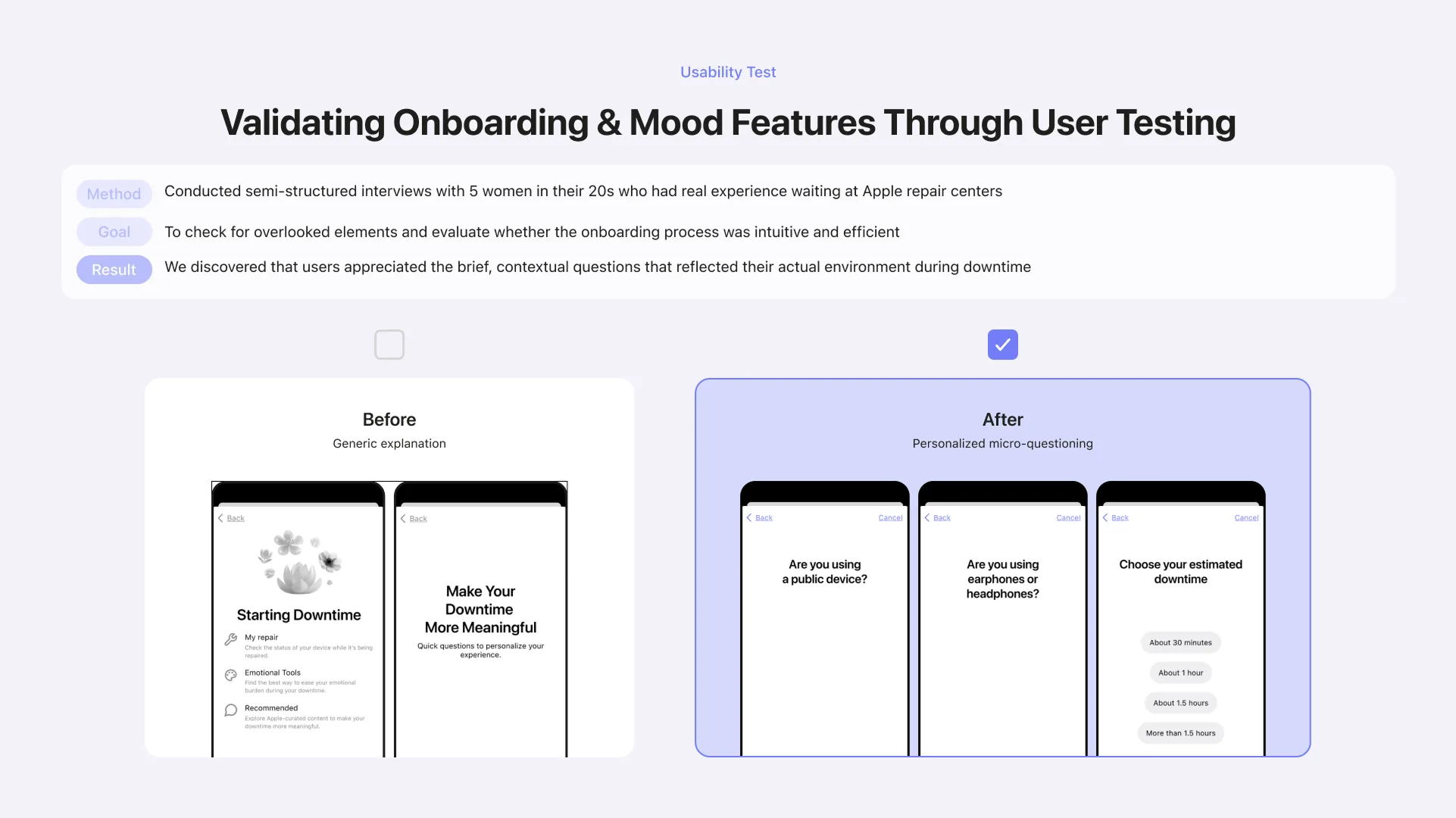 Downtime: validating onboarding and mood features through user testing