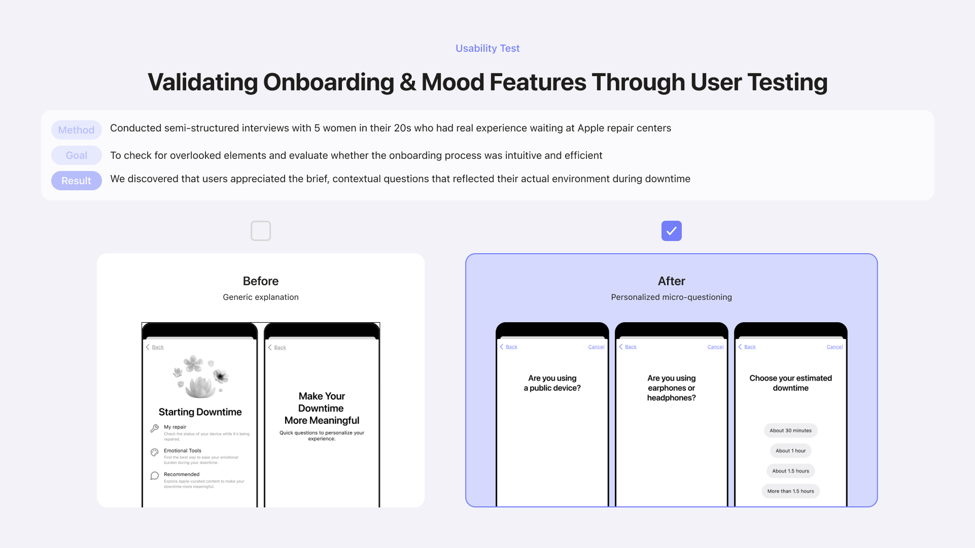 Downtime — validating onboarding and mood features through user testing