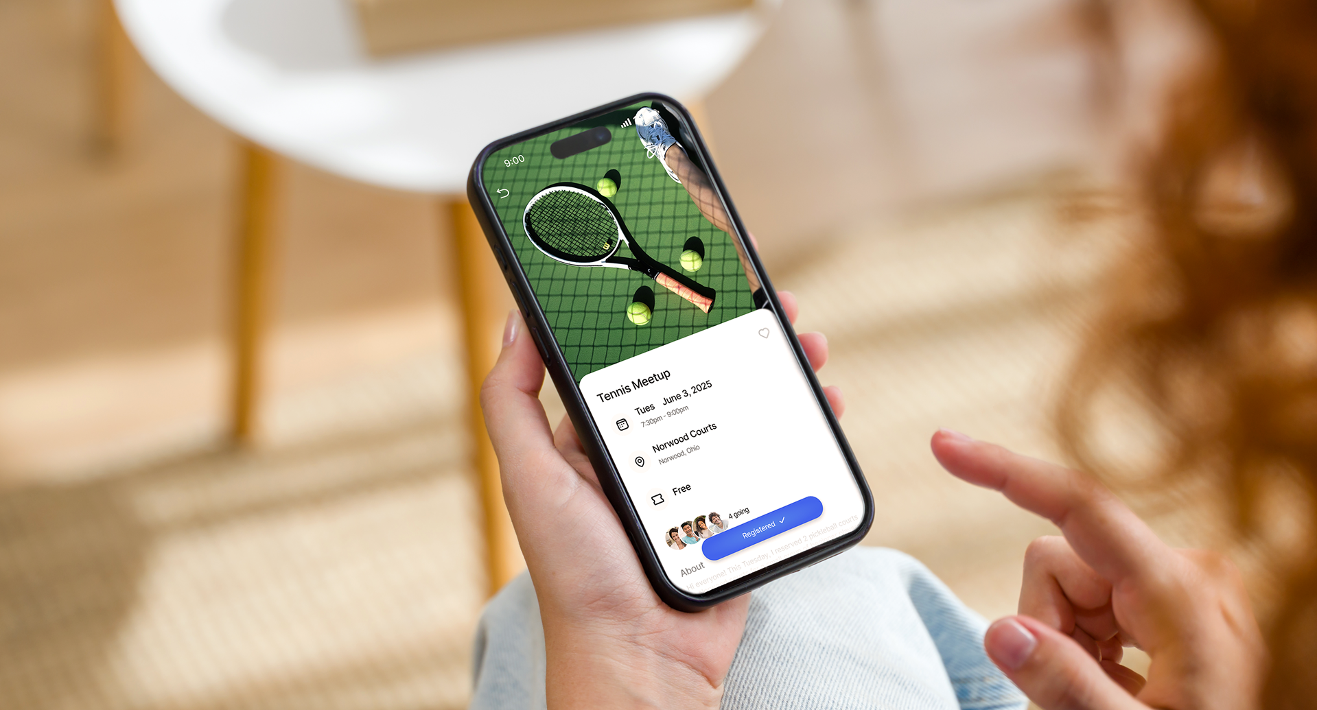 Hobbi — phone showing a tennis meetup event